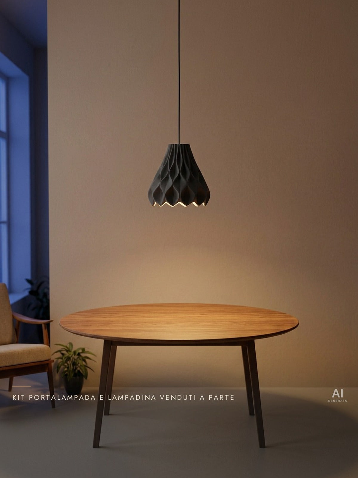 Abyssal02 Pendant – Paralume a sospensione con rilievi ondulati — ambientata sera accesa — lampada a sospensione