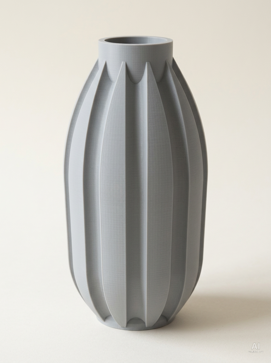 Vaso decorativo Akin stampato in 3D in PLA grigio chiaro, con forma ovale e spicchi verticali, su sfondo neutro.