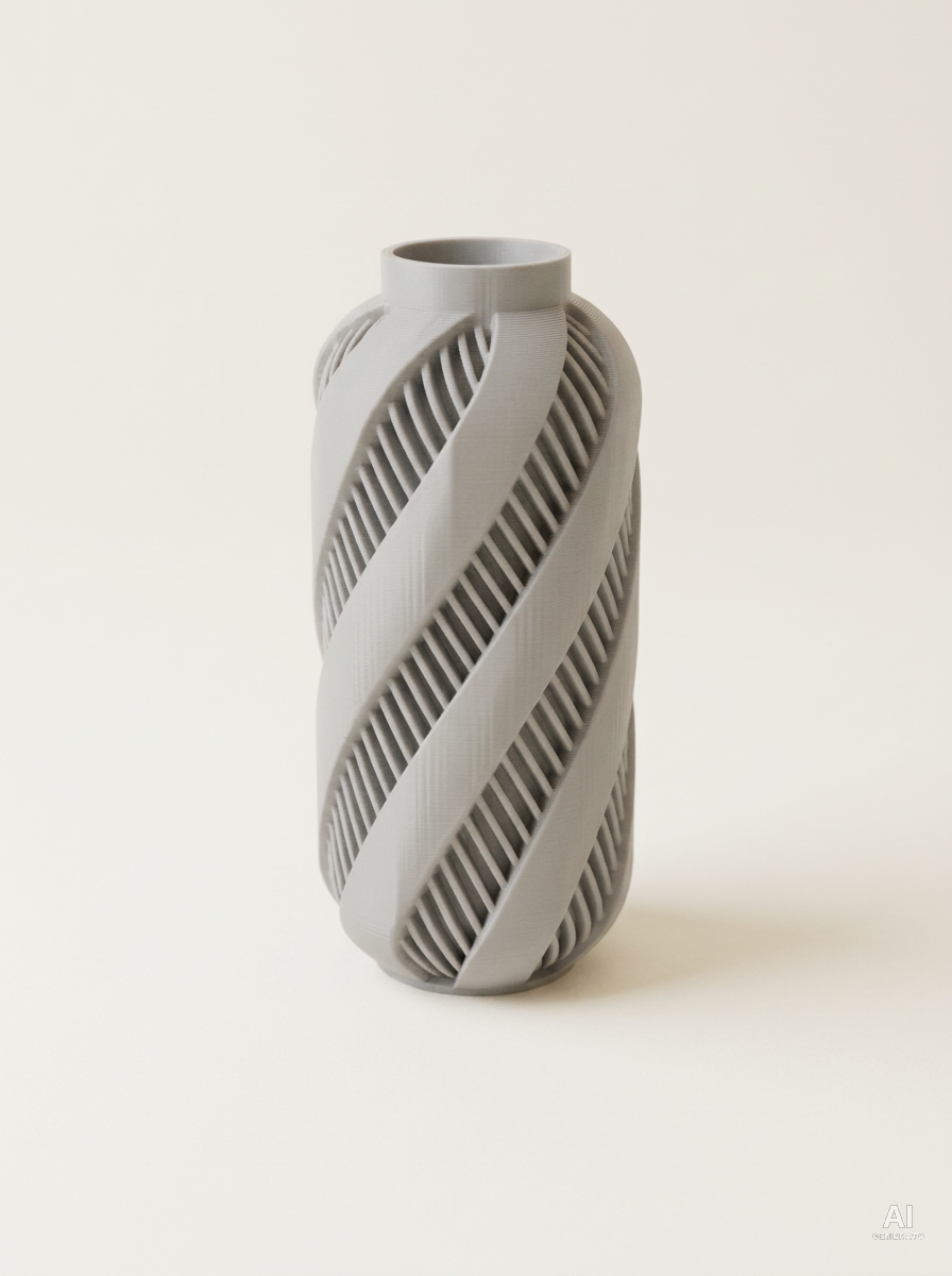 Vaso Alin a capsula con fasce e nervature a spirale, stampato in 3D in PLA grigio chiaro.