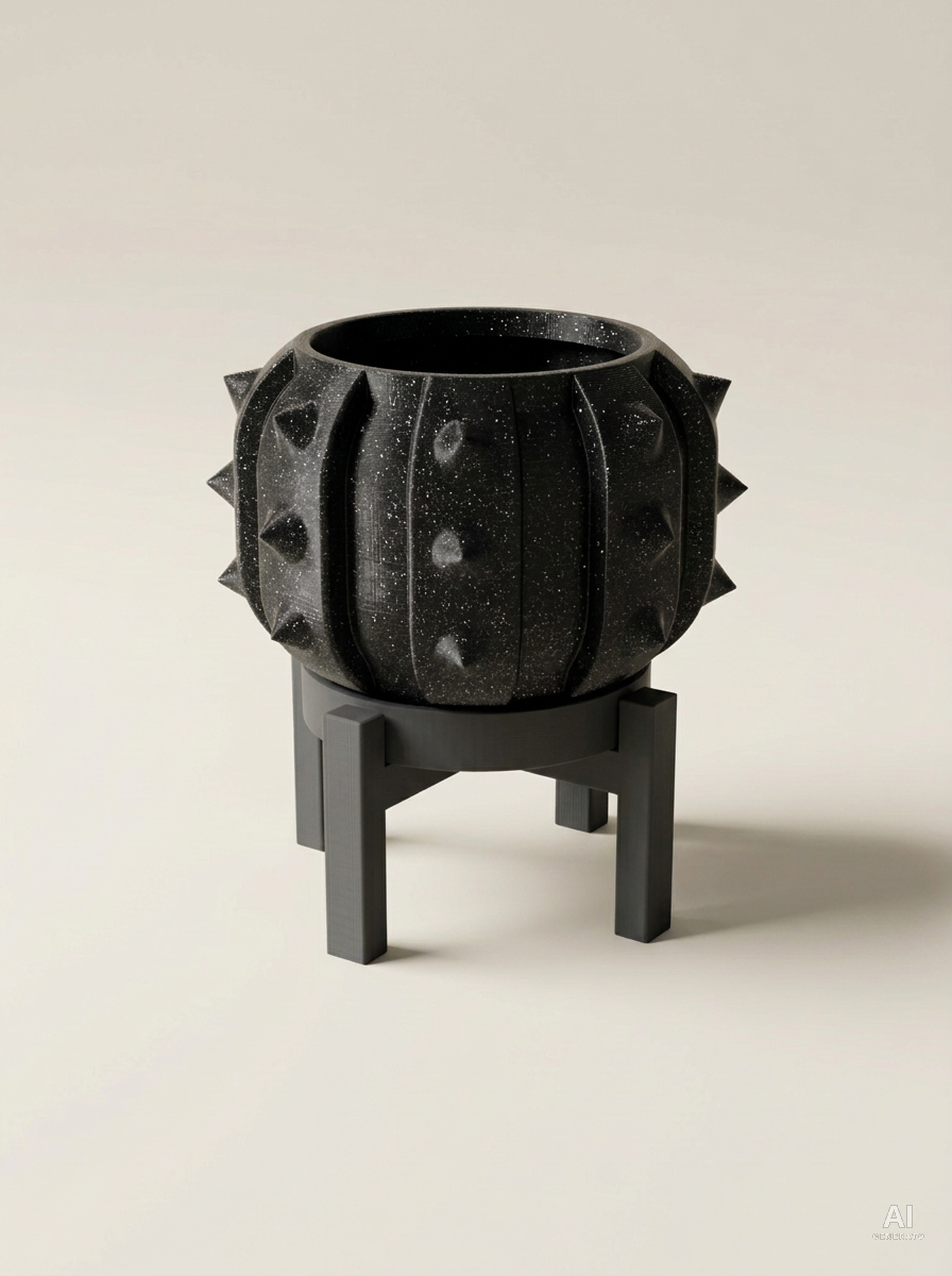 Alver — Vaso a cactus con sottovaso e supporto, stampato in 3D - Nero Glitter / Carbone
