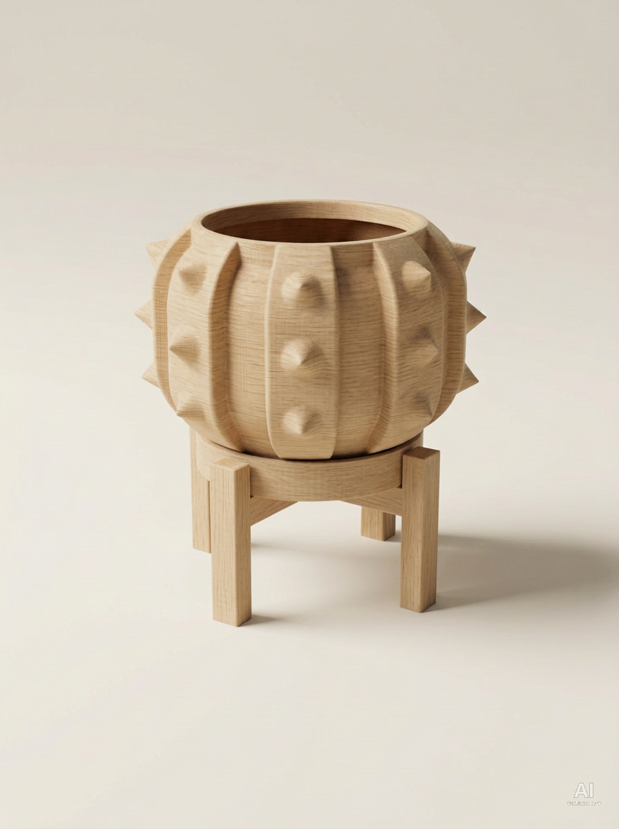 Alver — Vaso a cactus con sottovaso e supporto, stampato in 3D - Legno Rovere / Legno Rovere