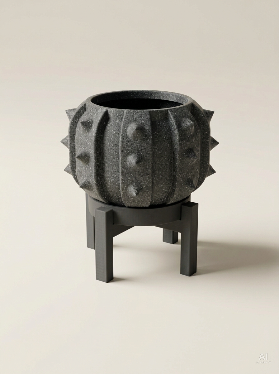 Alver — Vaso a cactus con sottovaso e supporto, stampato in 3D - Grigio Pietra / Carbone