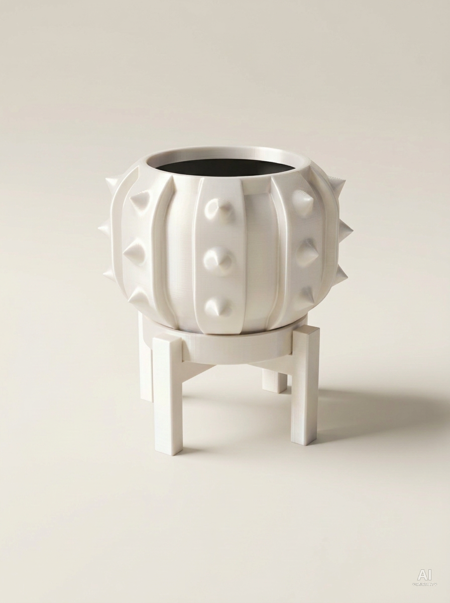Alver — Vaso a cactus con sottovaso e supporto, stampato in 3D - Bianco Silk / Bianco Silk