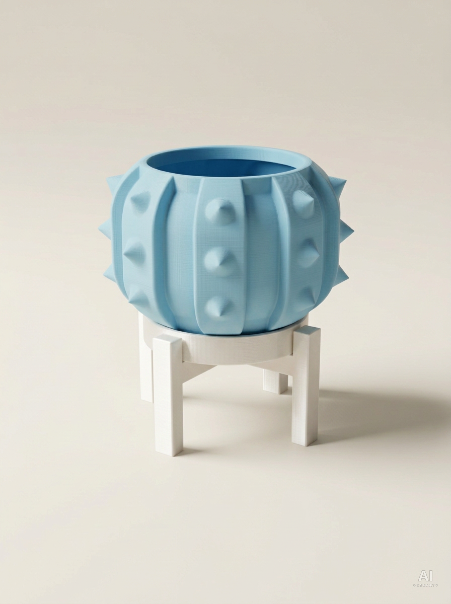 Alver — Vaso a cactus con sottovaso e supporto, stampato in 3D - Blu Ghiaccio / Bianco Silk