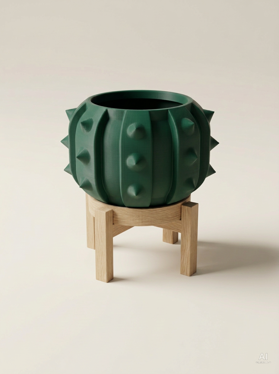 Alver — Vaso a cactus con sottovaso e supporto, stampato in 3D - Verde Scuro / Legno Rovere