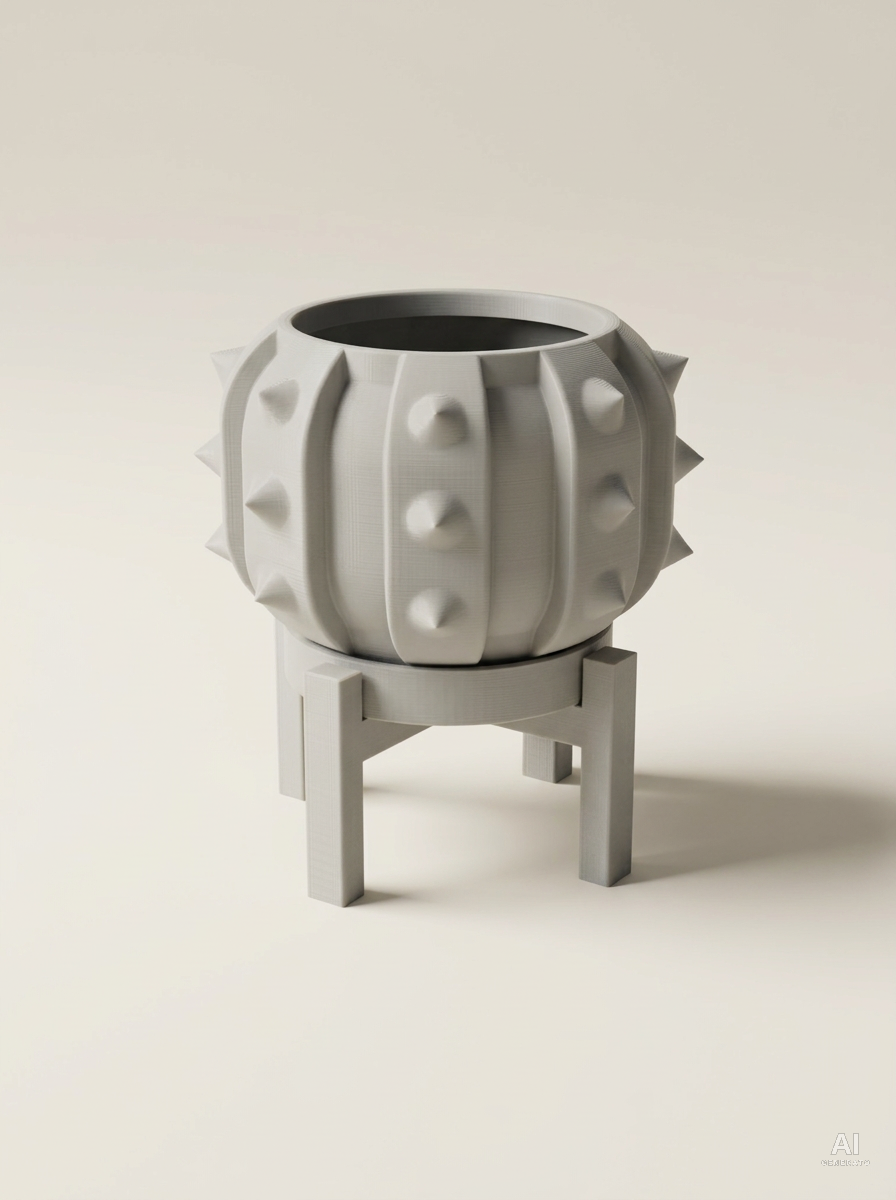 Vaso Alver a forma di cactus a barile con sottovaso e supporto a quattro gambe, stampato in 3D in PLA grigio chiaro.