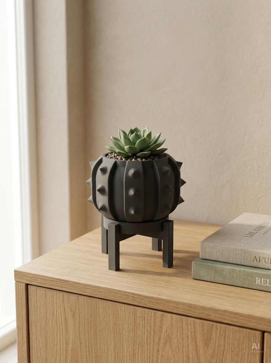 Alver — Vaso a cactus con sottovaso e supporto, stampato in 3D — ambientata — vaso cactus