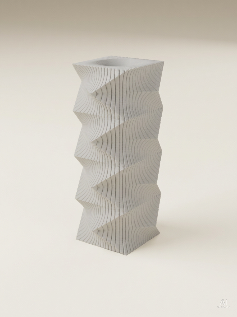 Vaso Anio a colonna quadrata piegata a zig-zag, stampato in 3D in PLA grigio chiaro.