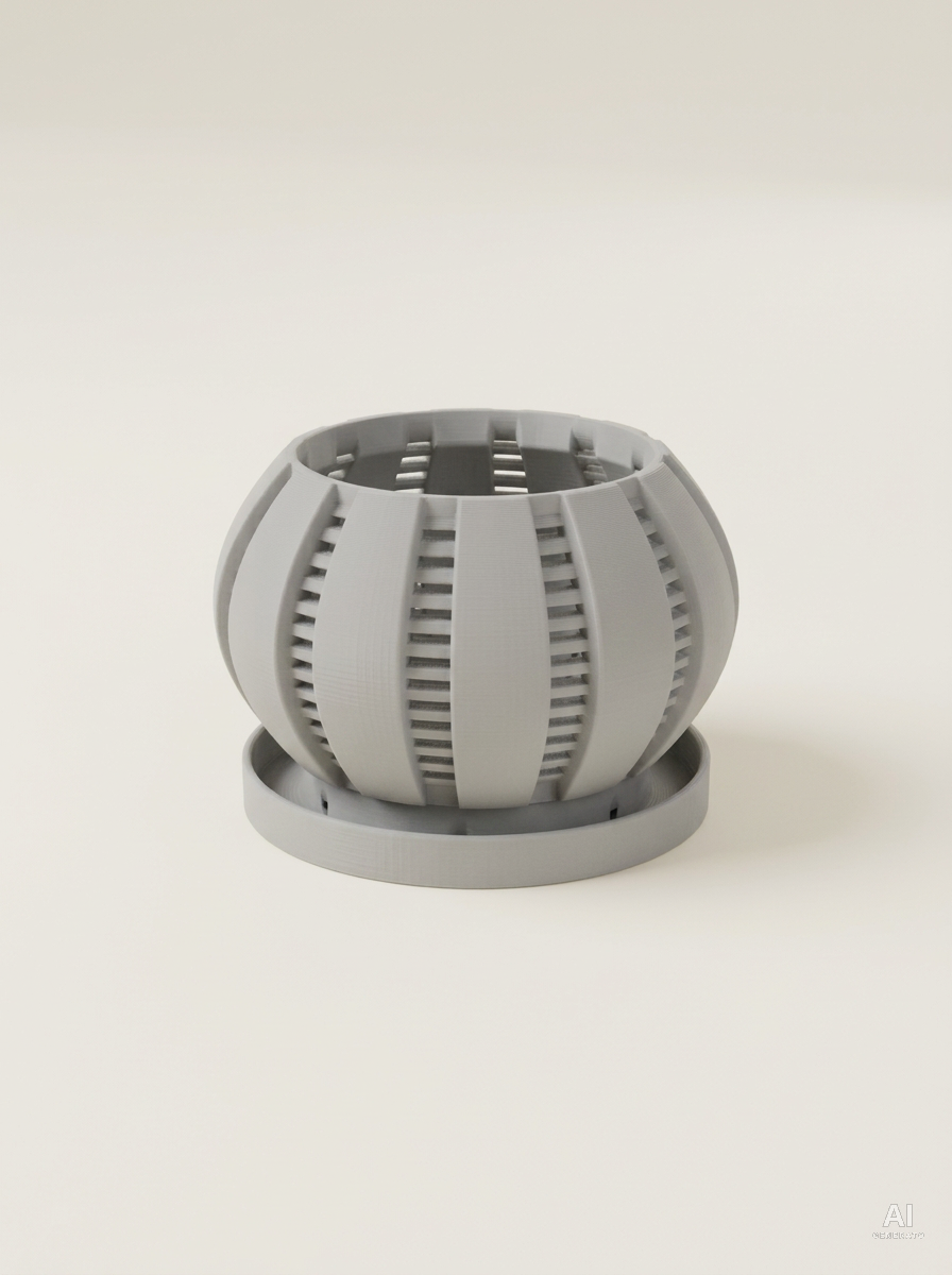 Vaso per orchidee Arik bombato a 12 spicchi con fessure a griglia e sottovaso, stampato in 3D in PLA grigio chiaro.