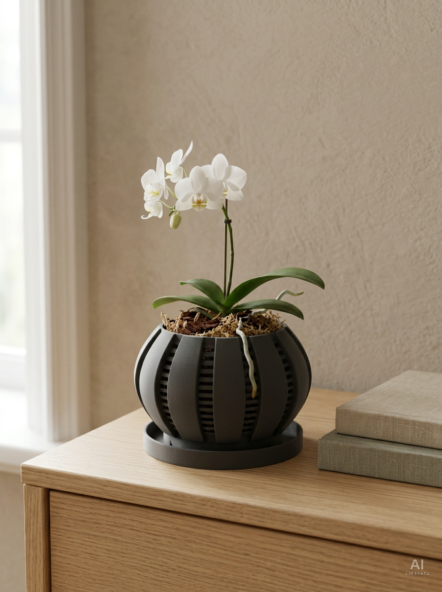 Arik — Vaso per orchidee con sottovaso, stampato in 3D — ambientata