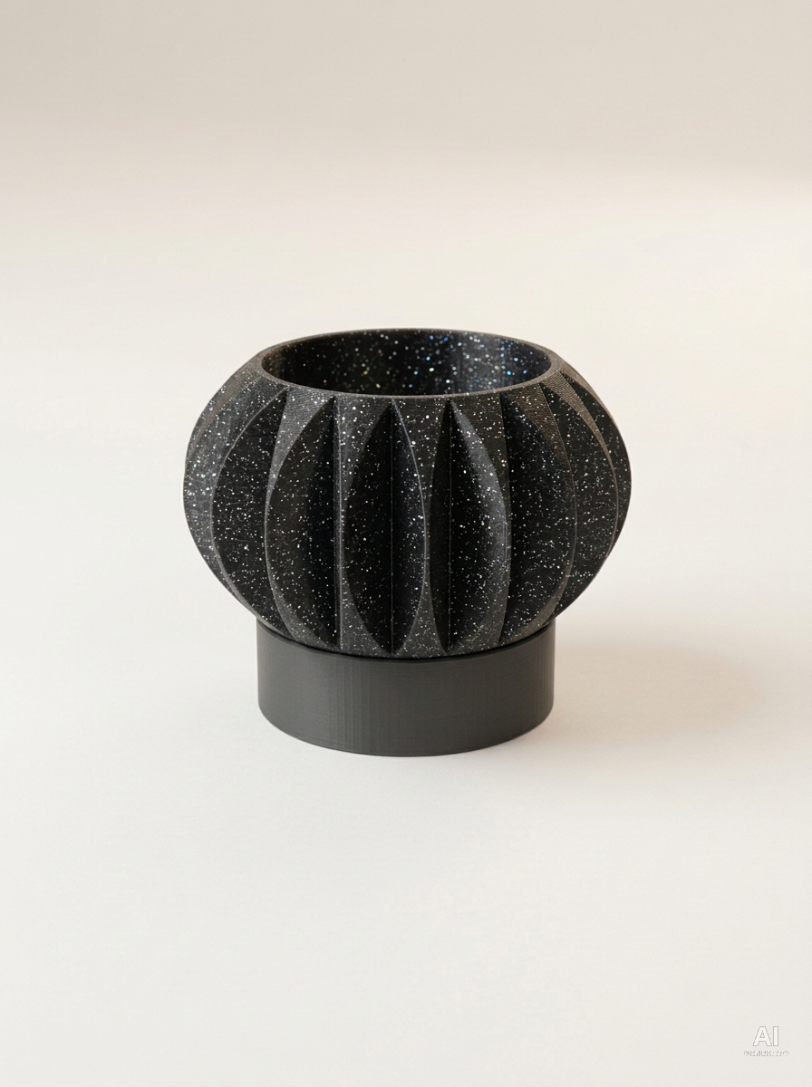 Astro — Vaso a pieghe con sottovaso, stampato in 3D - Nero Glitter / Carbone