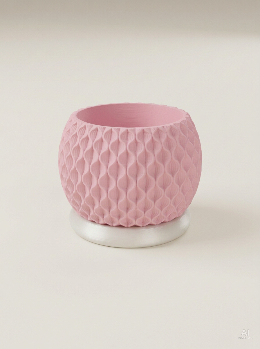 Bloom — Vaso a onde con sottovaso, stampato in 3D - Rosa / Bianco Silk