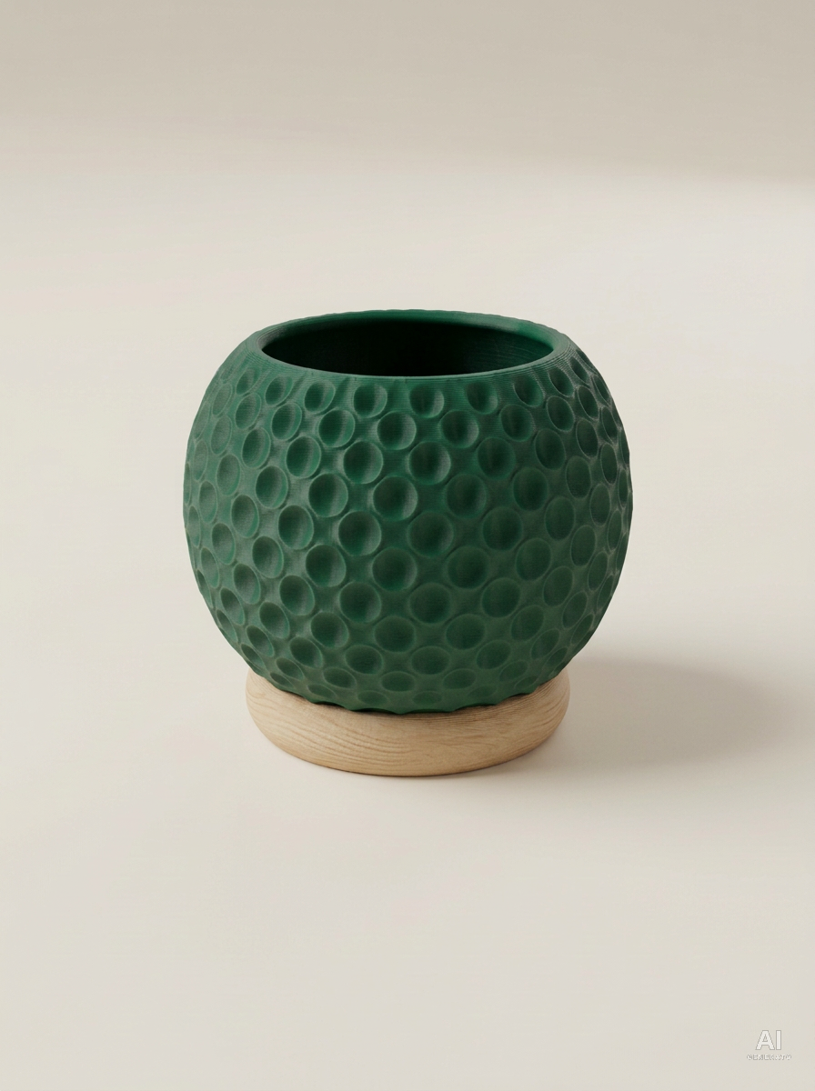 Bubble — Vaso a bolle con sottovaso, stampato in 3D - Verde Scuro / Legno Rovere