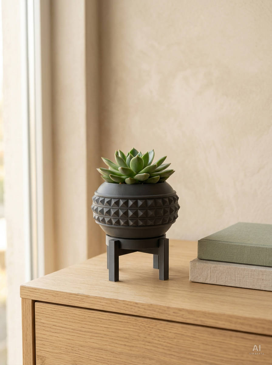 Dorvin — Vaso a borchie con sottovaso e supporto, stampato in 3D — ambientata — vaso design