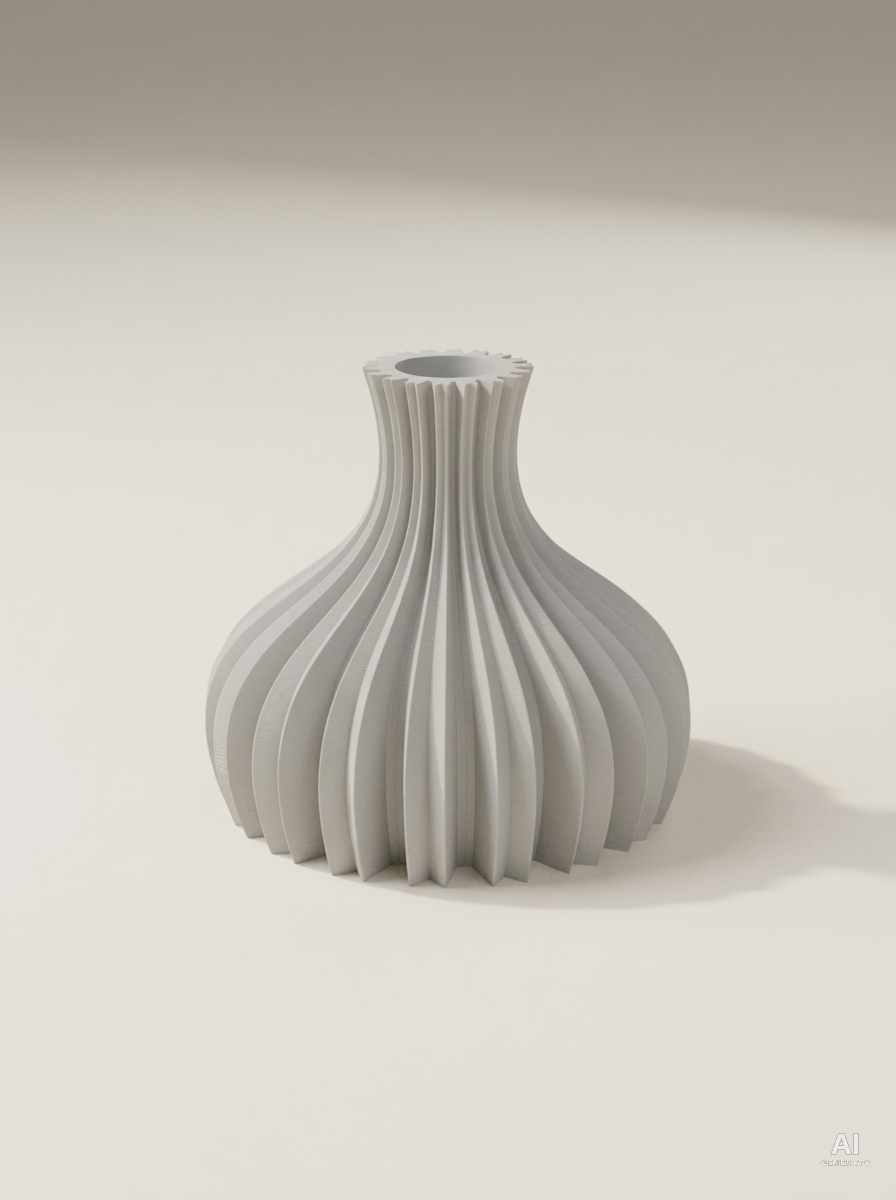 Dove grigio chiaro, vaso con pieghe verticali profonde, corpo bombato e collo stretto, su fondo neutro.
