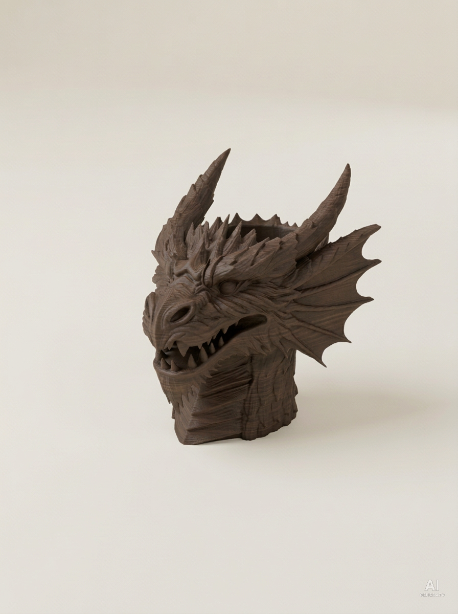 Dragon — Vaso a busto di drago con fori di drenaggio, stampato in 3D - effetto legno - Nero Legno