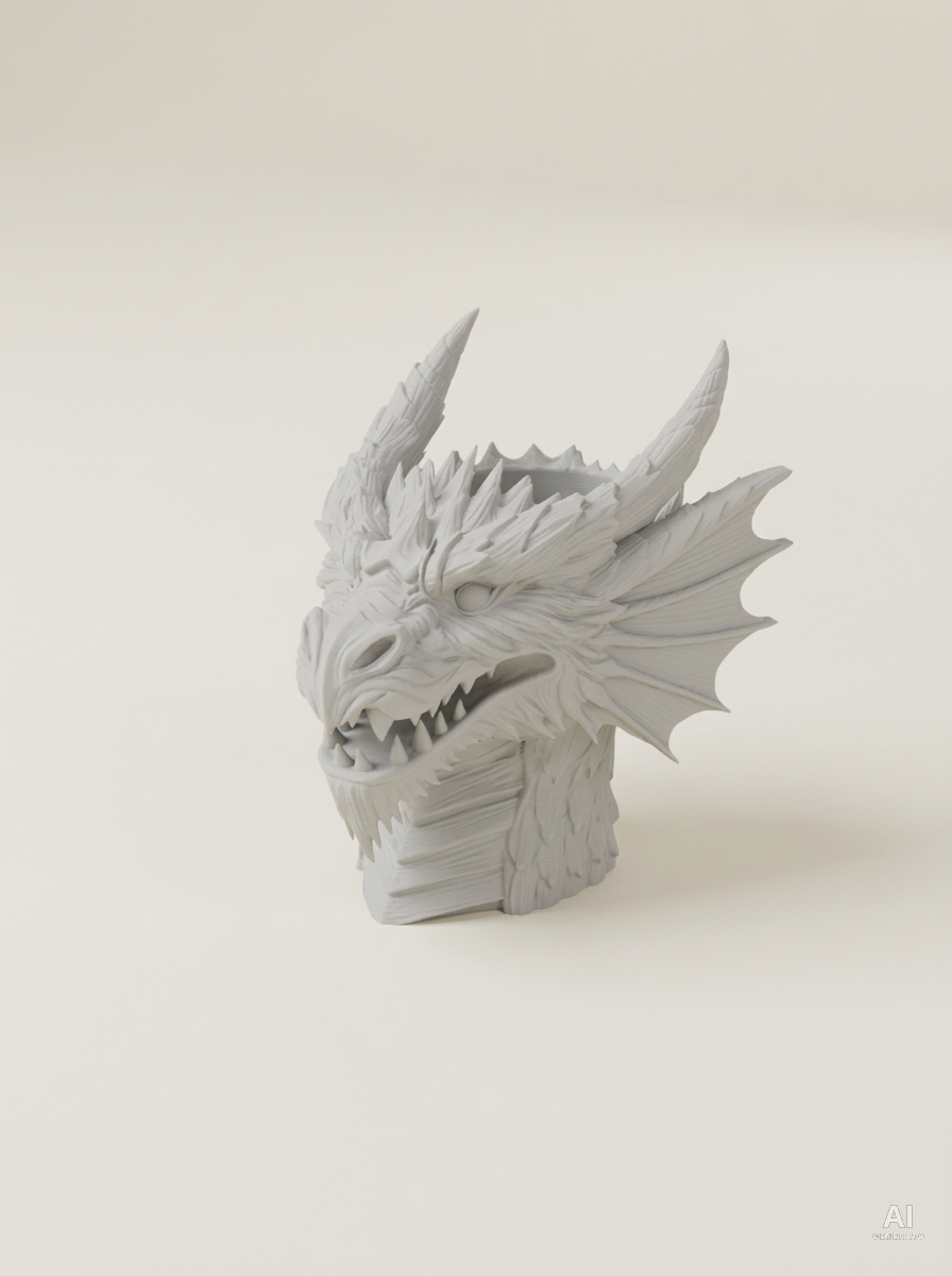 Vaso Dragon a forma di busto di drago con corna e fauci aperte, stampato in 3D in PLA grigio chiaro.