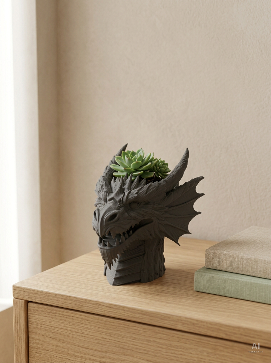 Dragon — Vaso a busto di drago con fori di drenaggio, stampato in 3D — ambientata — vaso drago