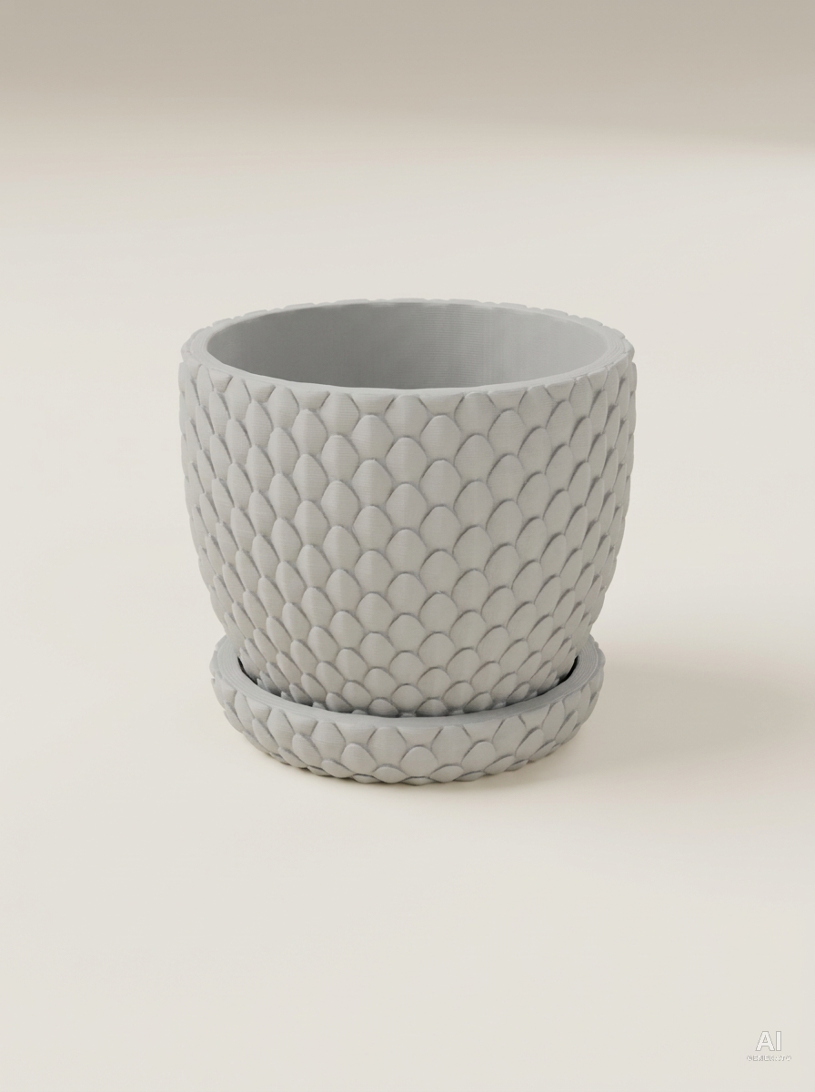 Vaso stampato 3D Dragonscale 01 grigio chiaro con texture a squame e sottovaso abbinato, per piante da interno.