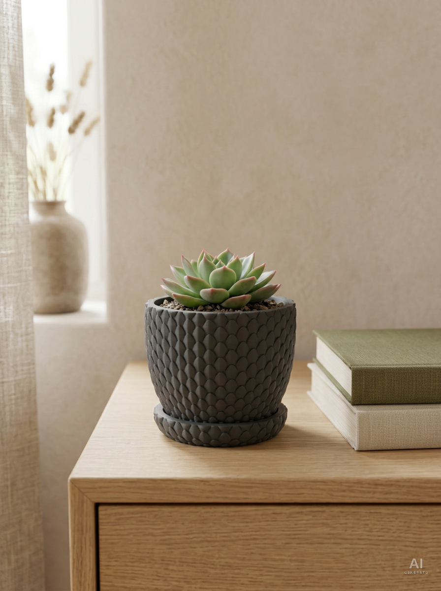Dragonscale 01 — Vaso a squame con sottovaso — ambientata — vaso stampato 3D