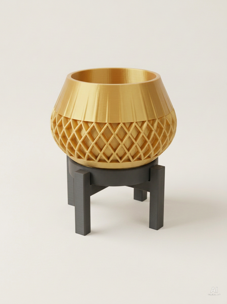 Elson — Vaso a rombi con sottovaso e supporto, stampato in 3D - Oro Silk / Carbone
