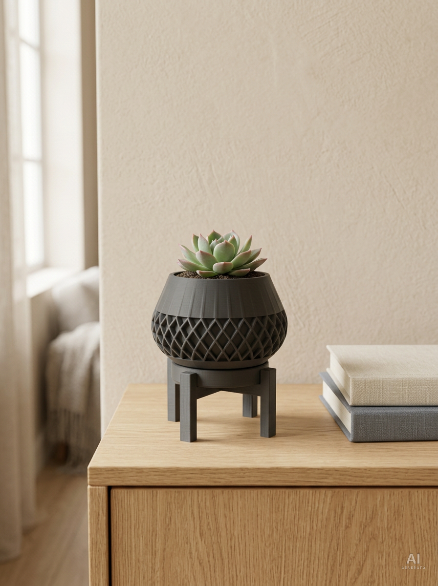 Elson — Vaso a rombi con sottovaso e supporto, stampato in 3D — ambientata — vaso con supporto