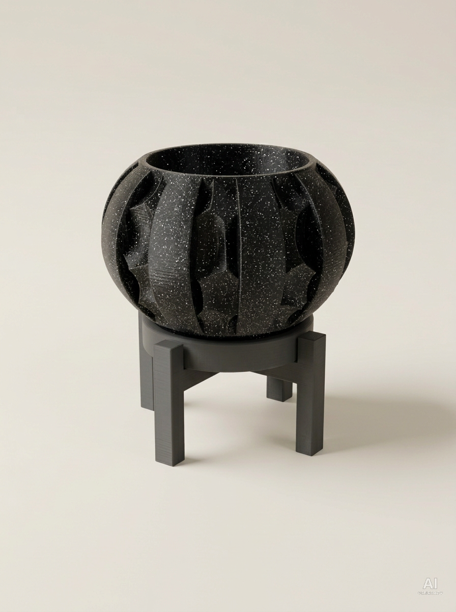 Erna — Vaso a spicchi con sottovaso e supporto, stampato in 3D - Nero Glitter / Carbone