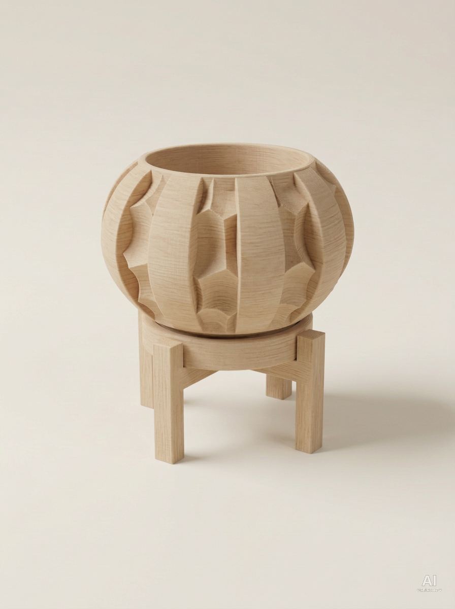 Erna — Vaso a spicchi con sottovaso e supporto, stampato in 3D - Legno Rovere / Legno Rovere