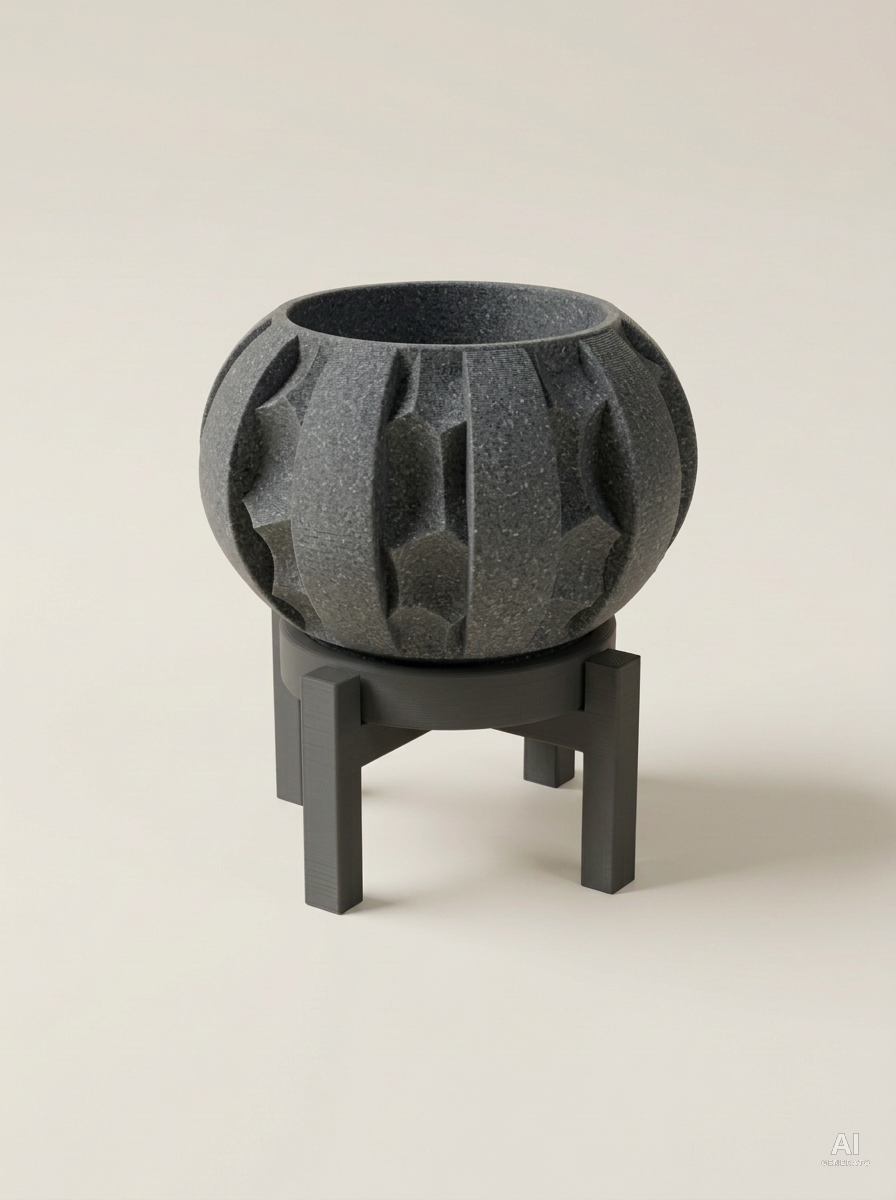 Erna — Vaso a spicchi con sottovaso e supporto, stampato in 3D - Grigio Pietra / Carbone