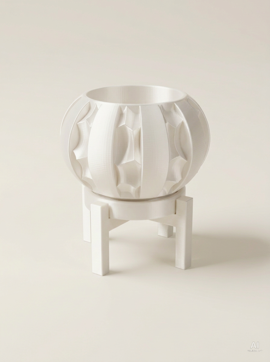 Erna — Vaso a spicchi con sottovaso e supporto, stampato in 3D - Bianco Silk / Bianco Silk