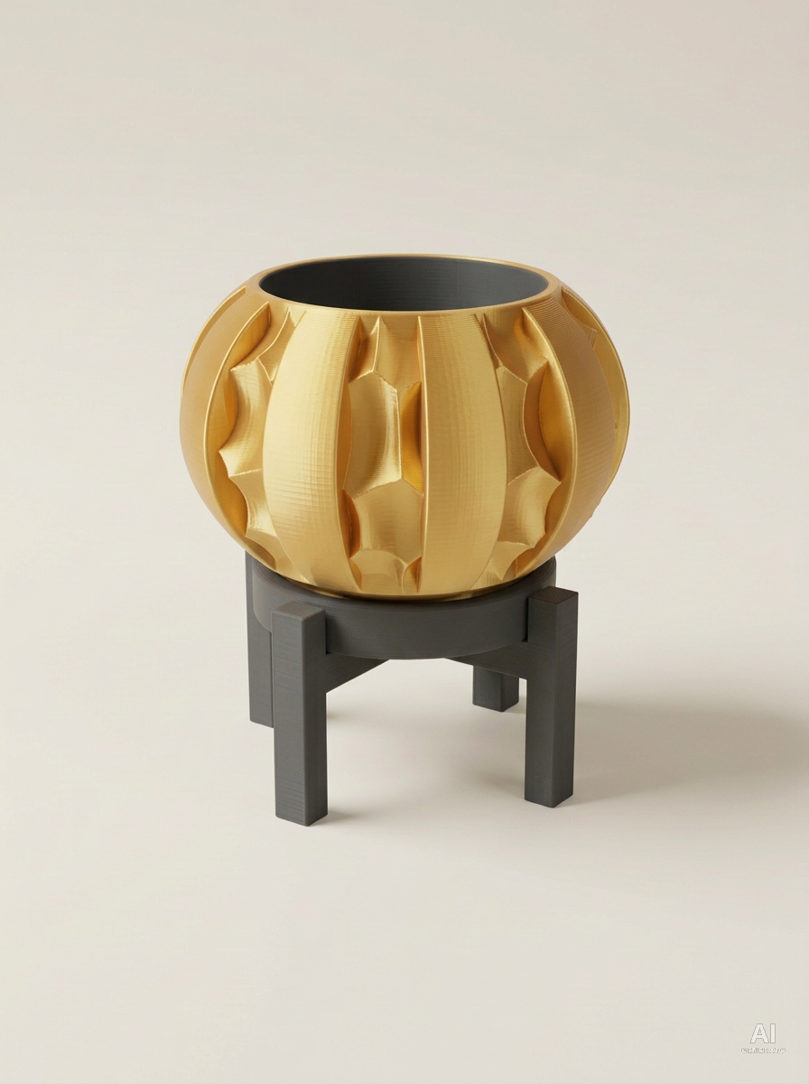 Erna — Vaso a spicchi con sottovaso e supporto, stampato in 3D - Oro Silk / Carbone