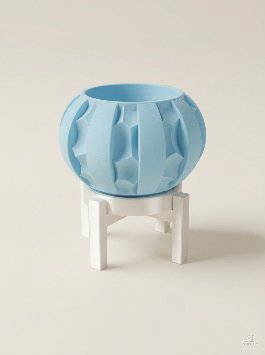Erna — Vaso a spicchi con sottovaso e supporto, stampato in 3D - Blu Ghiaccio / Bianco Silk