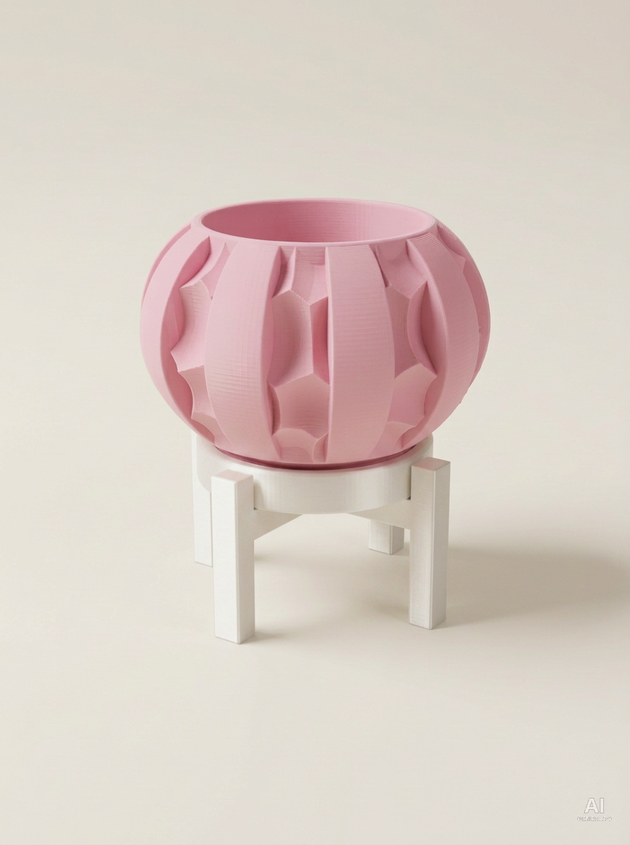 Erna — Vaso a spicchi con sottovaso e supporto, stampato in 3D - Rosa / Bianco Silk