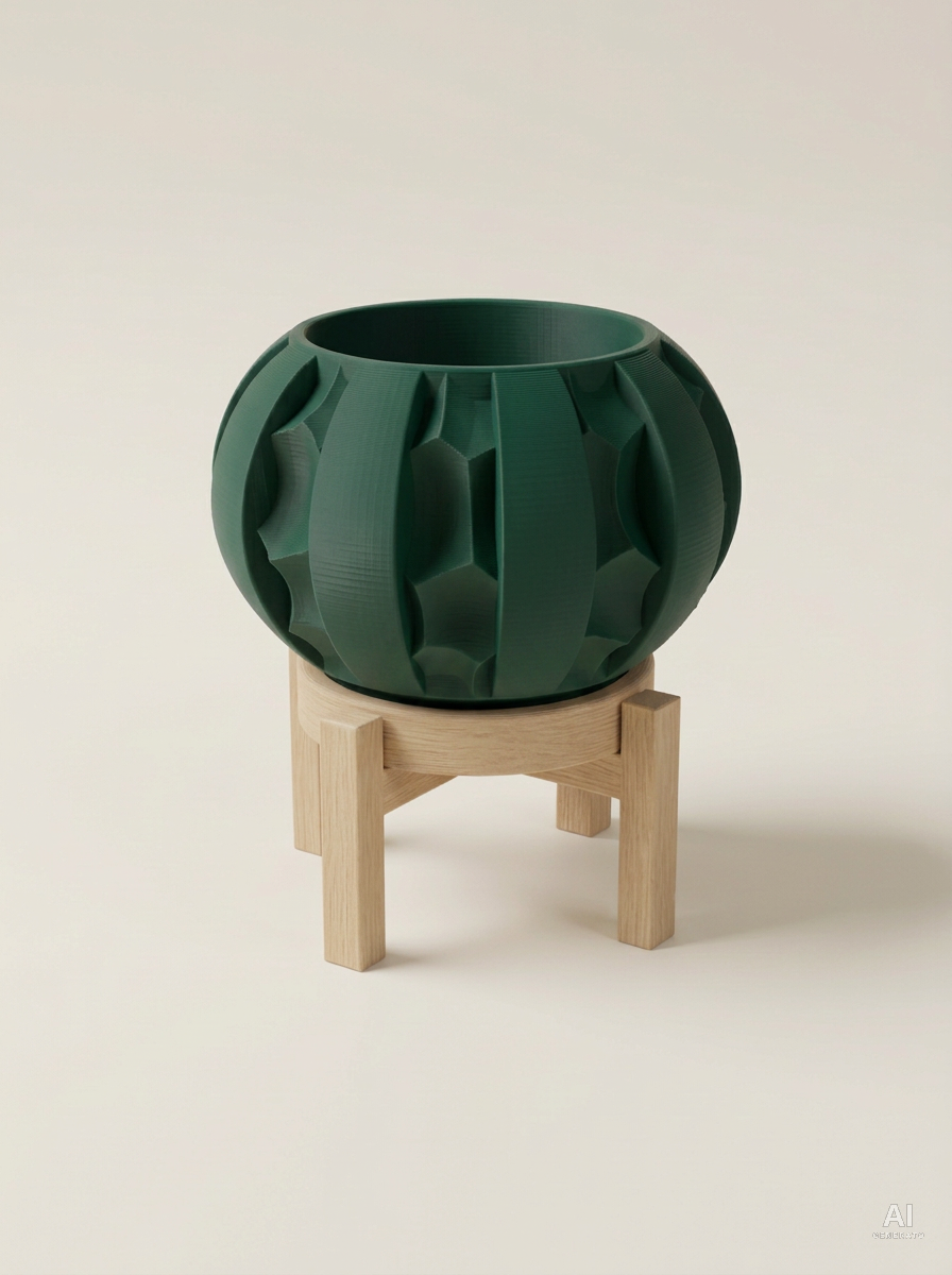 Erna — Vaso a spicchi con sottovaso e supporto, stampato in 3D - Verde Scuro / Legno Rovere