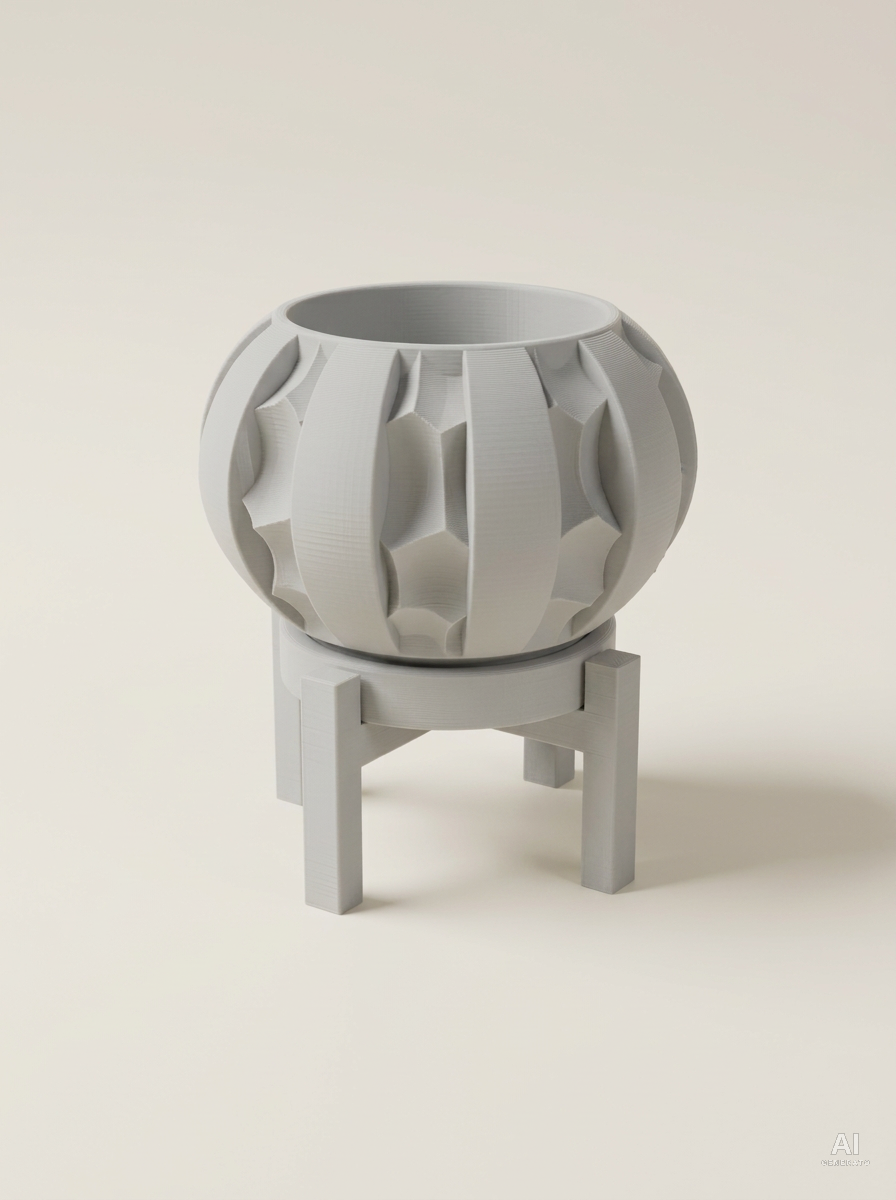 Vaso Erna a globo con larghi spicchi intagliati, con sottovaso e supporto a quattro gambe, stampato in 3D in PLA grigio chiaro.