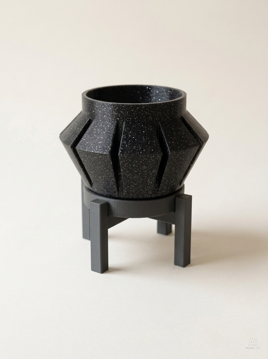 Erno — Vaso a punte di freccia con sottovaso e supporto, in 3D - Nero Glitter / Carbone