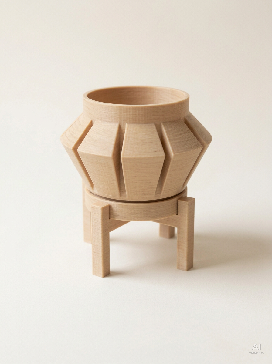 Erno — Vaso a punte di freccia con sottovaso e supporto, in 3D - Legno Rovere / Legno Rovere