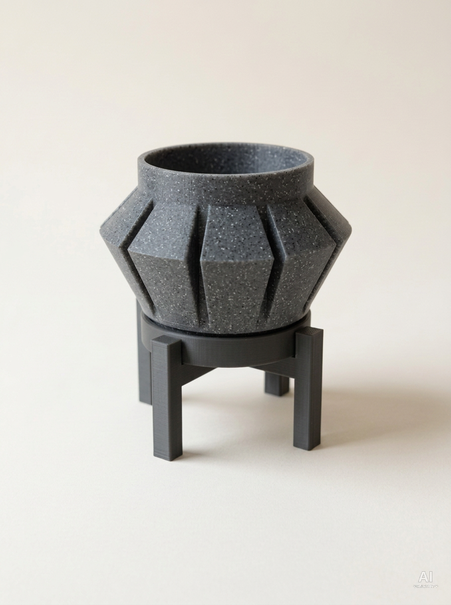Erno — Vaso a punte di freccia con sottovaso e supporto, in 3D - Grigio Pietra / Carbone