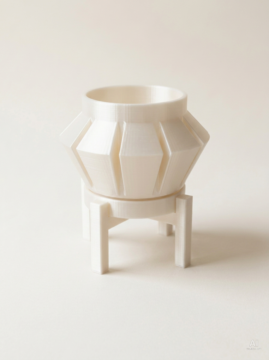 Erno — Vaso a punte di freccia con sottovaso e supporto, in 3D - Bianco Silk / Bianco Silk