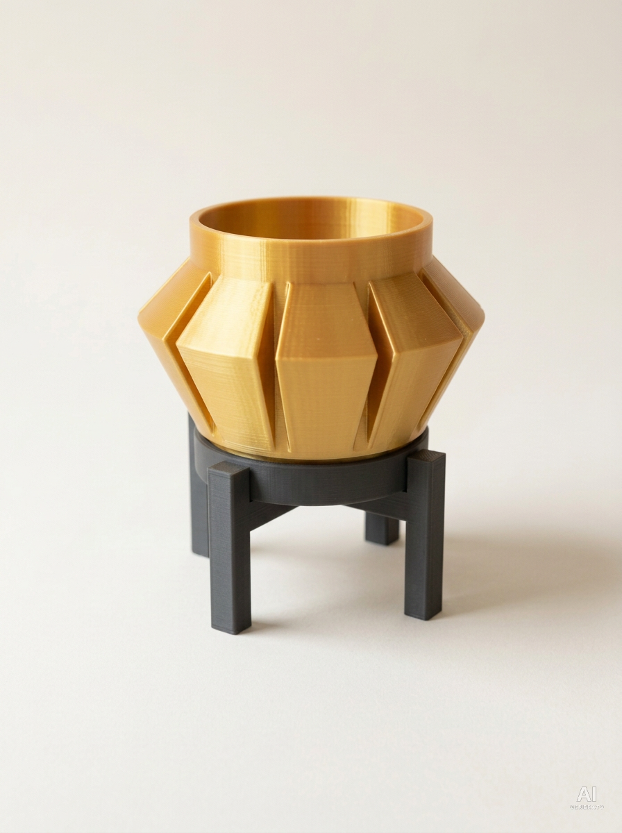Erno — Vaso a punte di freccia con sottovaso e supporto, in 3D - Oro Silk / Carbone