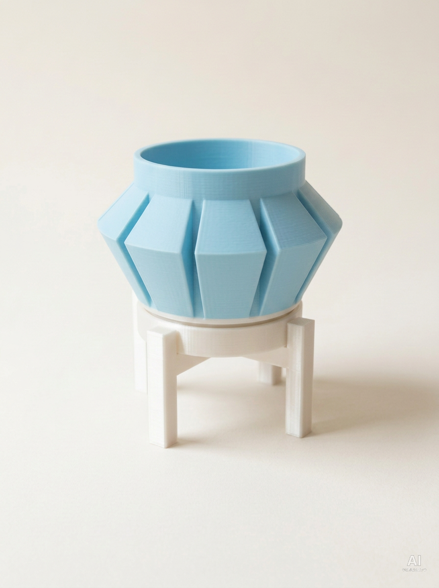 Erno — Vaso a punte di freccia con sottovaso e supporto, in 3D - Blu Ghiaccio / Bianco Silk