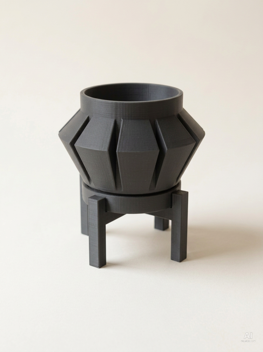 Erno — Vaso a punte di freccia con sottovaso e supporto, in 3D - Carbone / Carbone