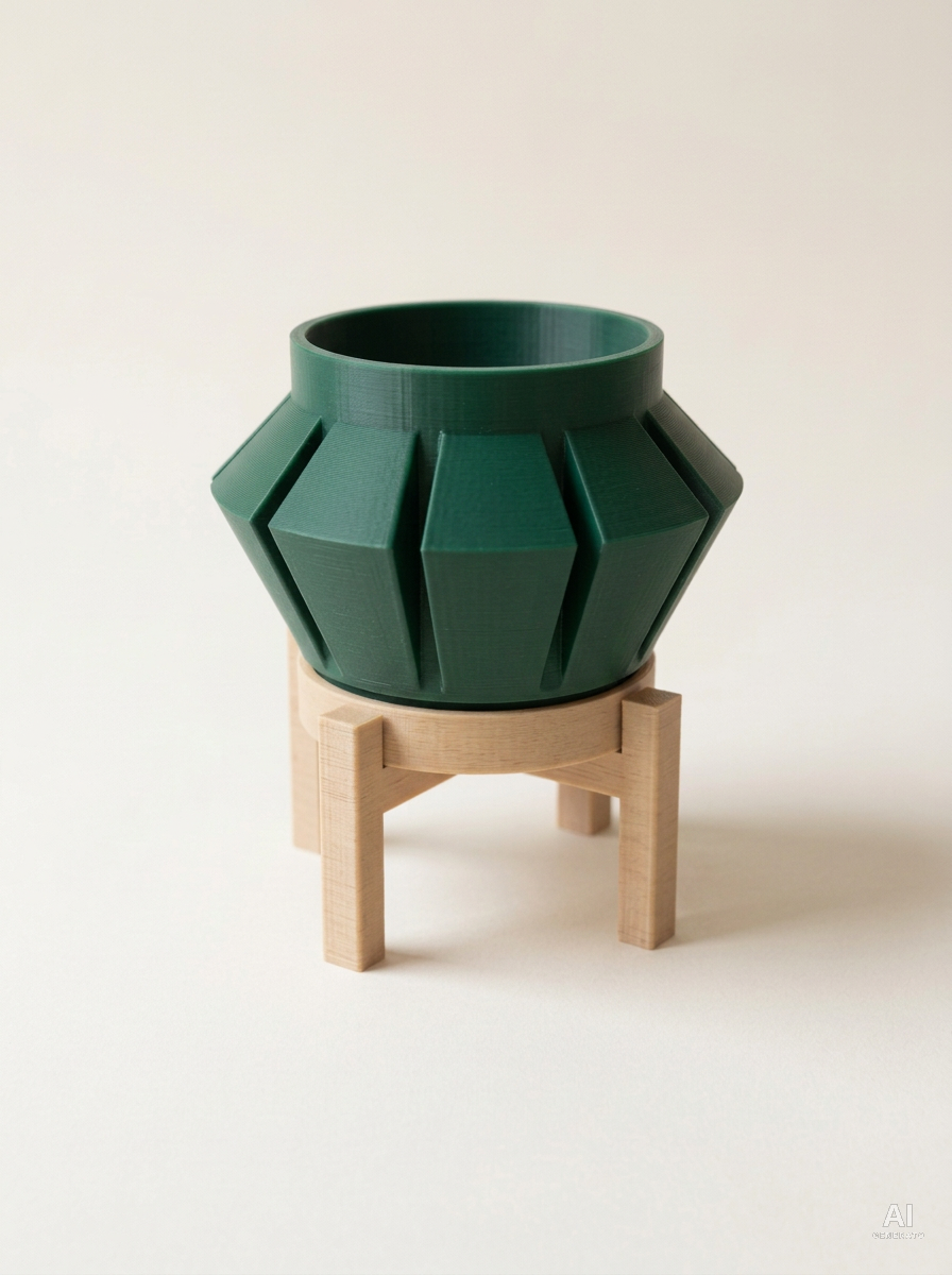 Erno — Vaso a punte di freccia con sottovaso e supporto, in 3D - Verde Scuro / Legno Rovere