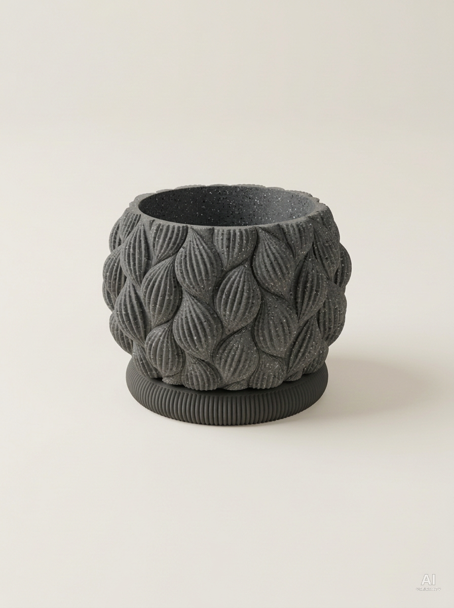 Fronda — Vaso a foglie con sottovaso, stampato in 3D - Grigio Pietra / Carbone
