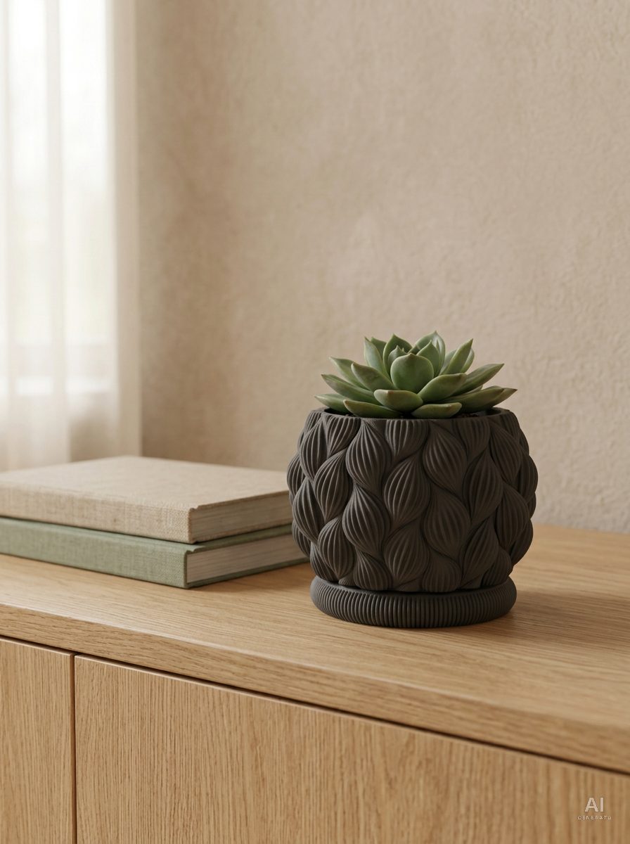 Fronda — Vaso a foglie con sottovaso, stampato in 3D — ambientata — vaso design