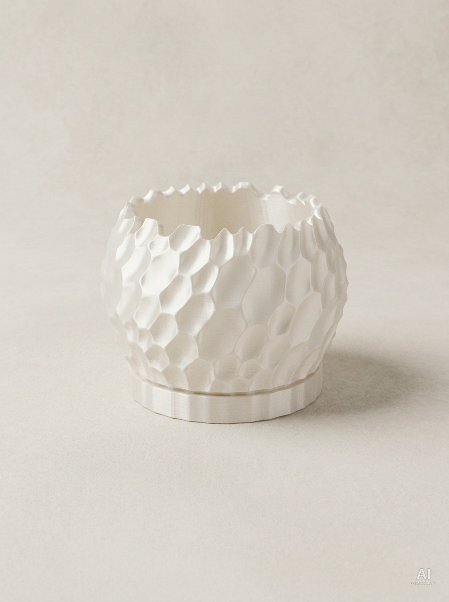 Geode — Vaso sfaccettato con sottovaso, stampato in 3D - Bianco Silk / Bianco Silk