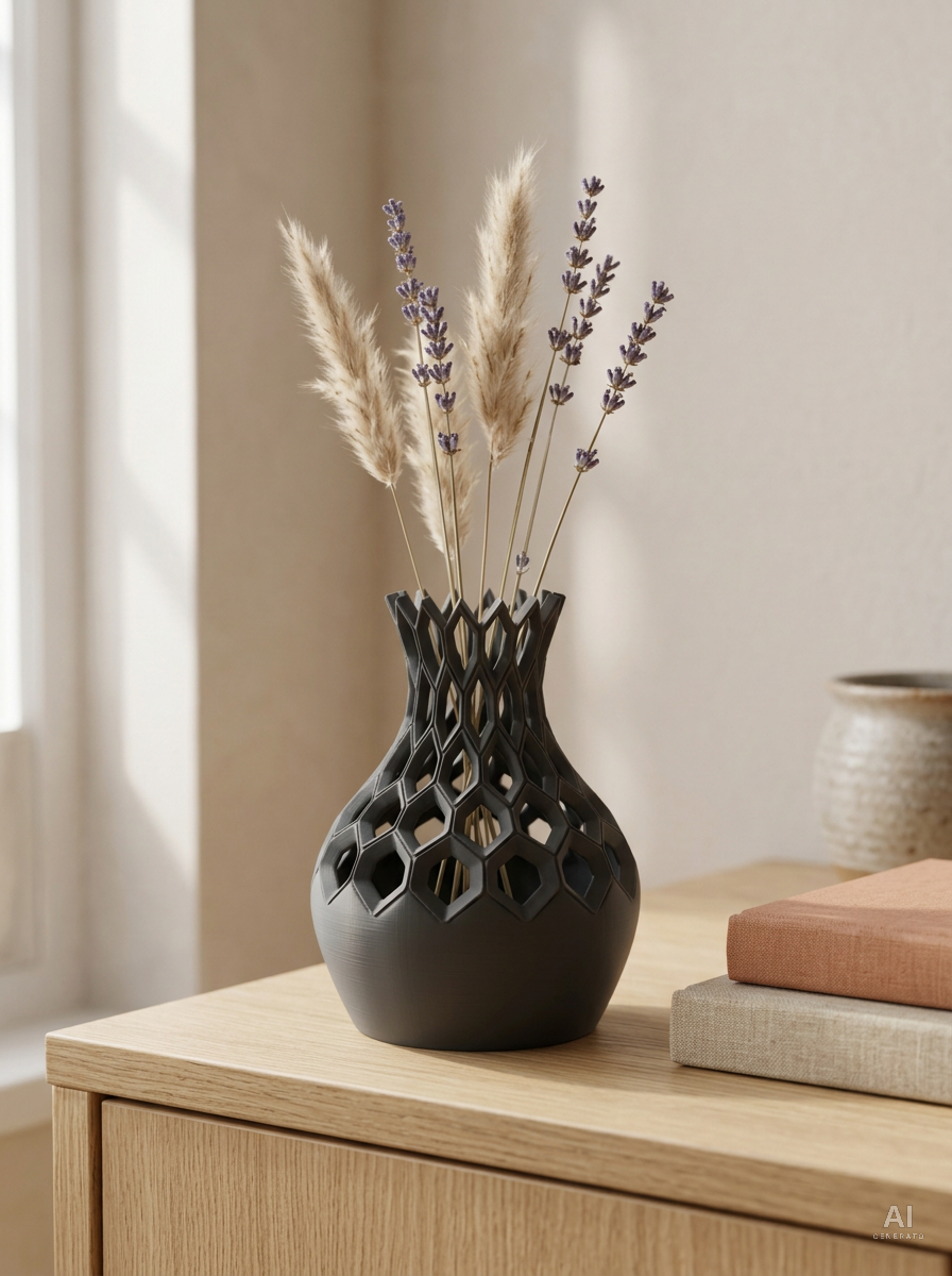 Hexa — Vaso decorativo traforato a esagoni stampato in 3D — ambientata — Vaso esagonale