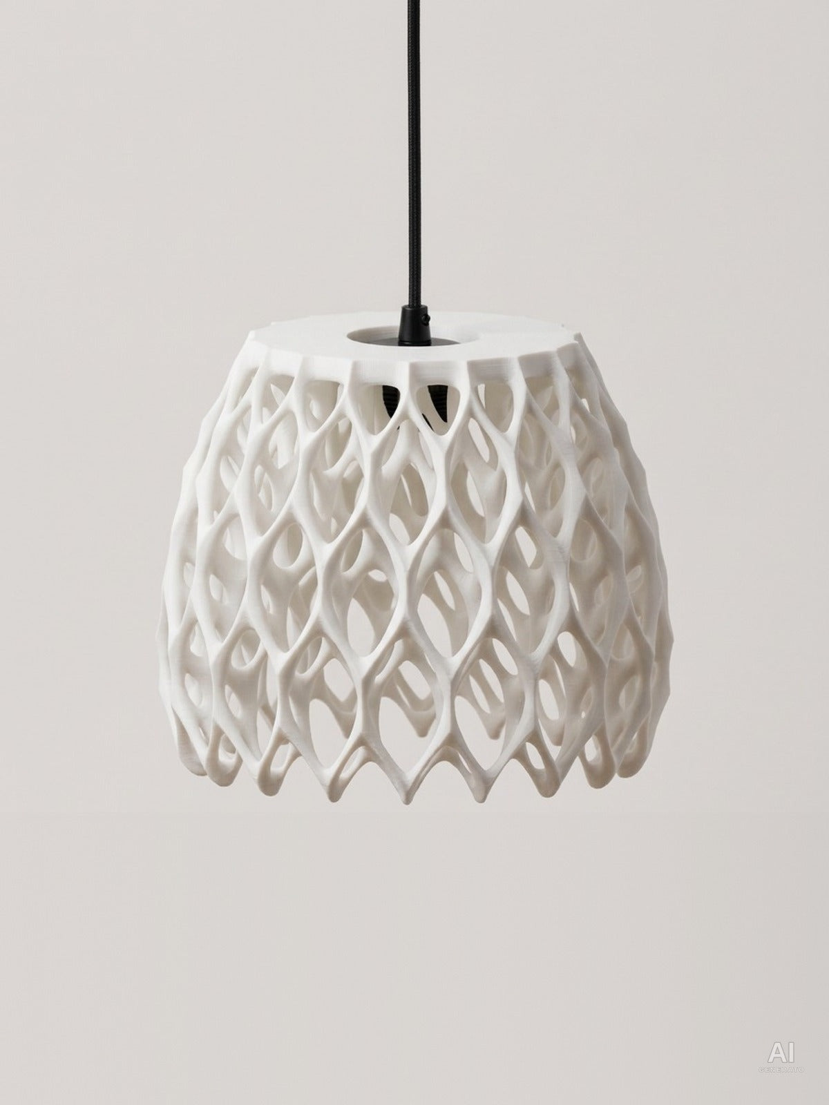 Resa digitale AI di Invader04 bianco: paralume svasato con reticolo a goccia, cappello superiore integrato e bordo inferiore aperto a punte