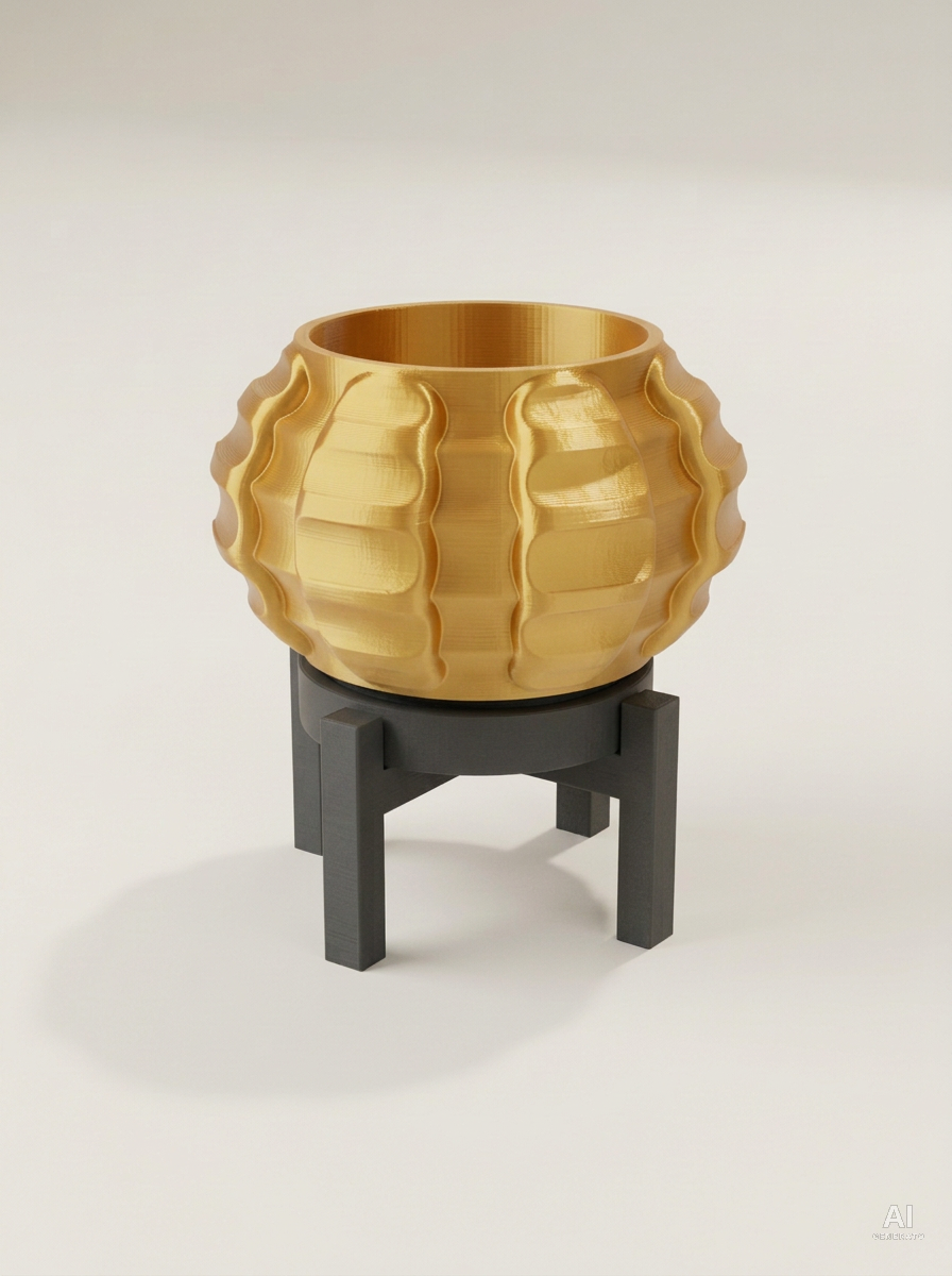 Jute — Vaso a intreccio con sottovaso e supporto, stampato in 3D - Oro Silk / Carbone