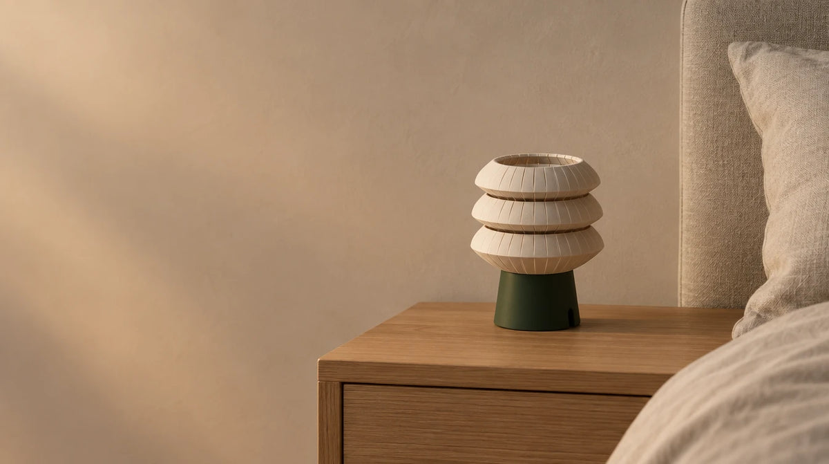 Piccola lampada a tre anelli con la base verde, su un comodino in rovere accanto al letto